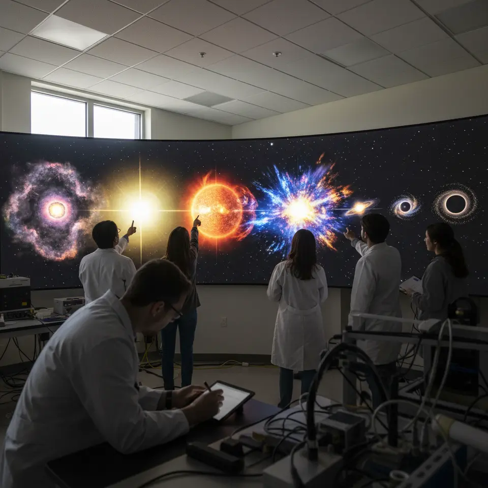 A vivid illustration of the stellar lifecycle: show a dense interstellar nebula collapsing into a glowing protostar, a shining main-sequence star in its prime, an expanding red giant, a dramatic supernova explosion, and the final remnant—a white dwarf, neutron star, or black hole.