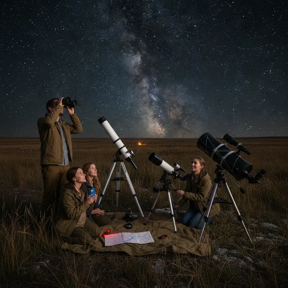 Stargazing gear lineup at night: a field scene with 7×50 binoculars, a classic refractor telescope on a tripod, a mirror-based reflector, and a compact catadioptric scope on an equatorial mount, surrounded by accessories like a red-light flashlight, printed star charts, and a smartphone showing a constellation-mapping app